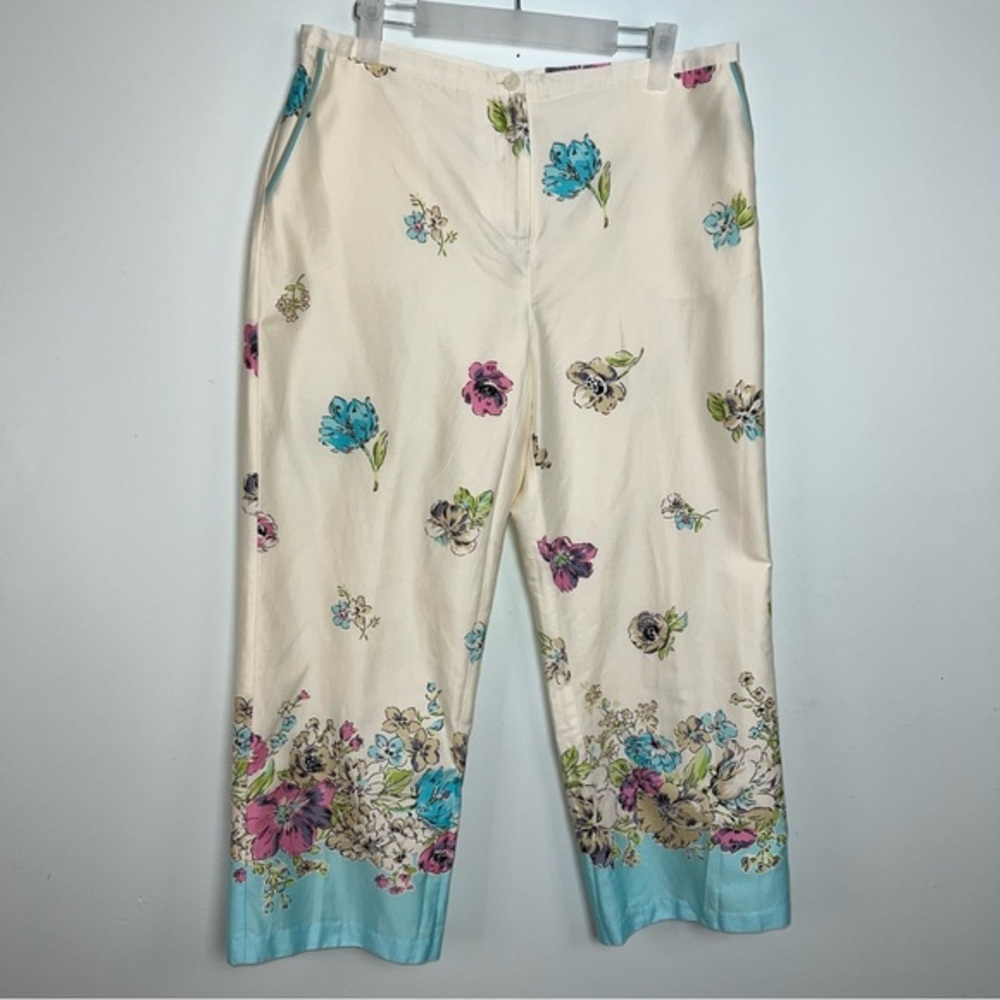 Oscar de la Renta Floral Print Capri Leg Pants - Cream Blue Pink Size 10 Cotton